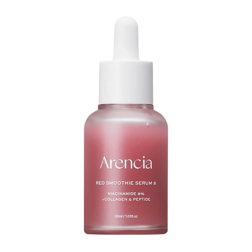 Arencia Red Smoothie Serum 8 em frasco de vidro com conta-gotas, 30 ml. Um soro rosa com niacinamida, colágeno e peptídeos que fortalece a barreira da pele e aumenta a elasticidade.