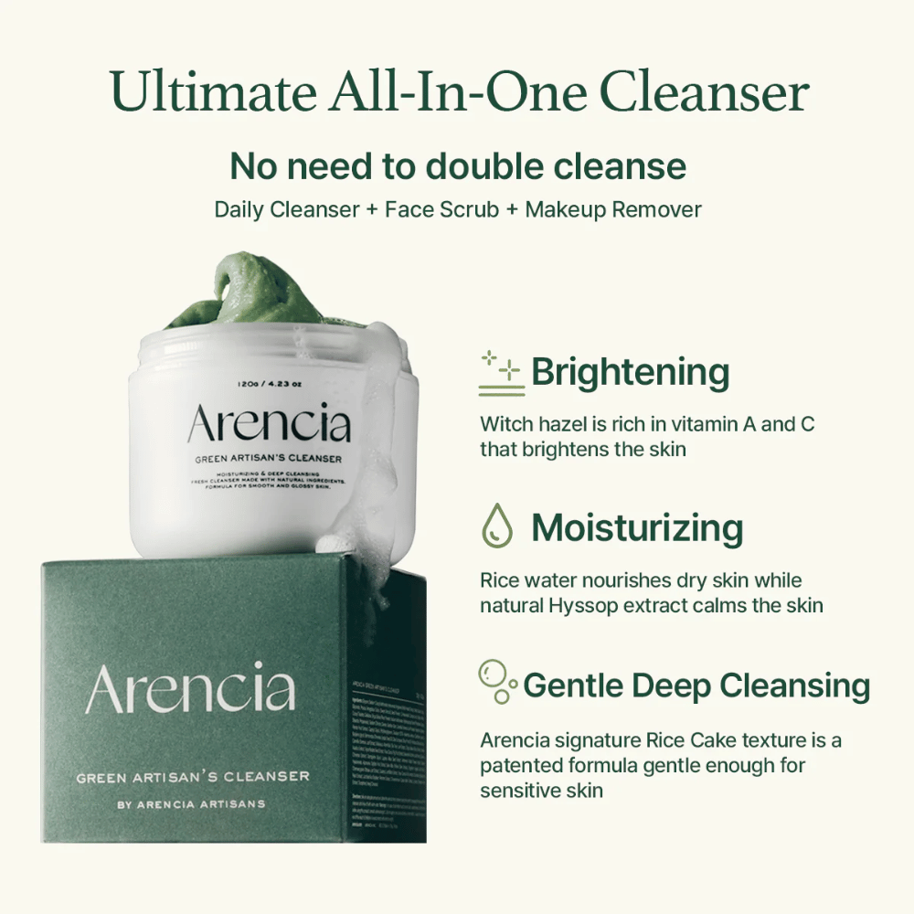 Arencia Cleanser Artesanal Verde é mostrado com frasco e caixa. O texto destaca Vantagens: Iluminação (vitamina A & C), Hidratação (água de arroz & hissopo), Limpeza Profunda Suave com textura de arroz patenteada.