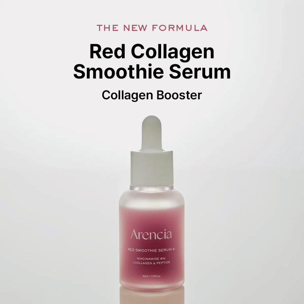 Arencia Red Smoothie Serum 8 é apresentado como "Red Collagen Smoothie Serum", um potente impulsionador de colágeno com 8% de niacinamida, colágeno e peptídeos.