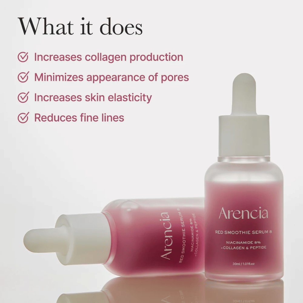 Duas garrafas de Arencia Red Smoothie Serum 8 são exibidas com texto sobre efeitos como aumento da produção de colágeno, redução dos poros, melhoria da elasticidade e redução de linhas finas.