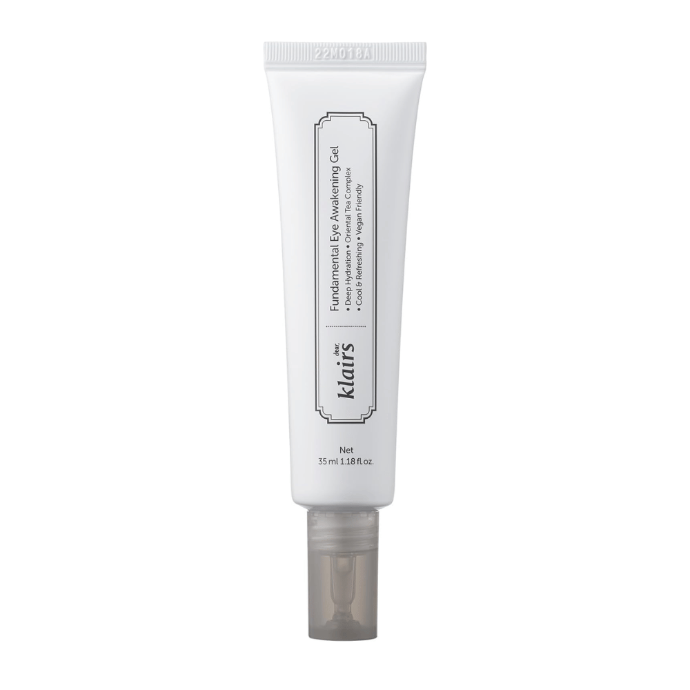Imagem de produto recortada de Klairs Fundamental Eye Awakening Gel sobre fundo branco. A bisnaga é mostrada de frente para apresentar claramente o nome do produto, o tamanho e o design limpo e minimalista que caracteriza os produtos Klairs.