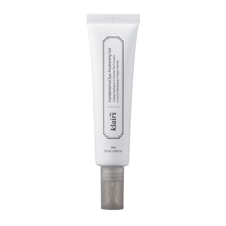 Imagem de produto recortada de Klairs Fundamental Eye Awakening Gel sobre fundo branco. A bisnaga é mostrada de frente para apresentar claramente o nome do produto, o tamanho e o design limpo e minimalista que caracteriza os produtos Klairs.