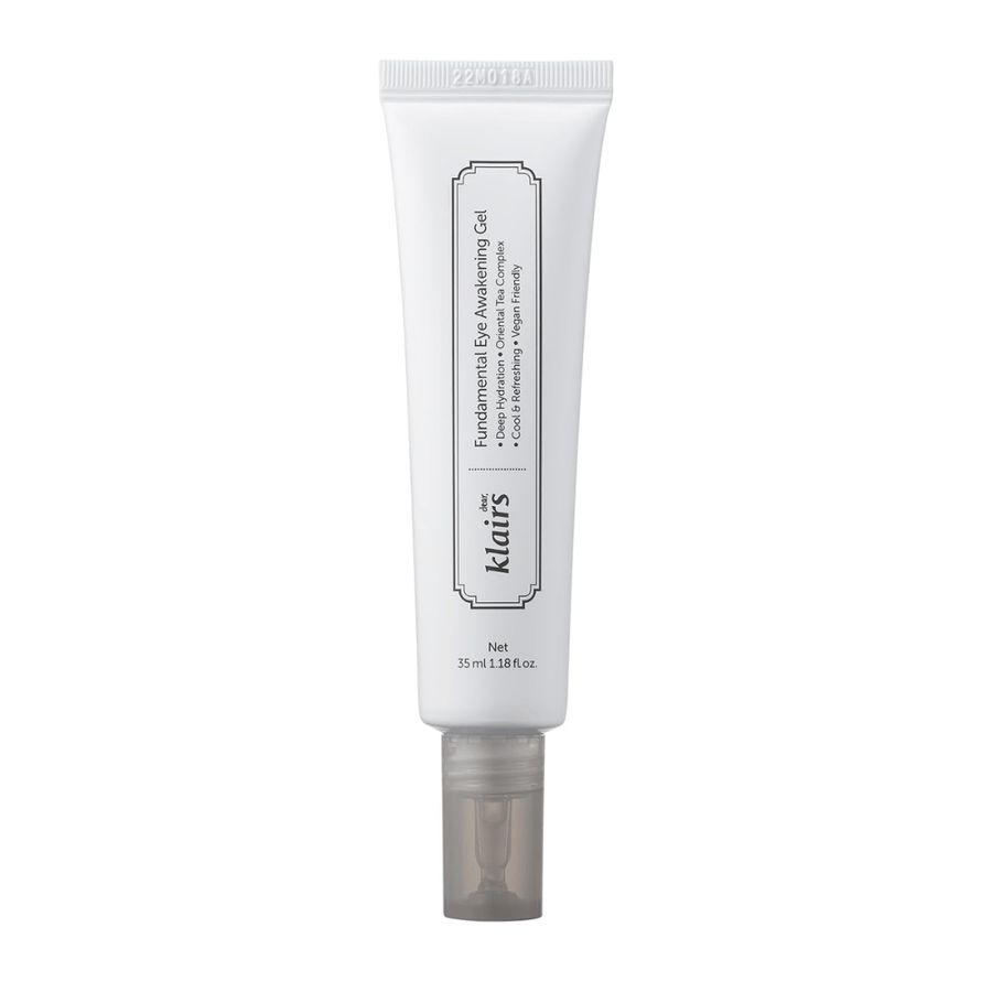 Imagem de produto recortada de Klairs Fundamental Eye Awakening Gel sobre fundo branco. A bisnaga é mostrada de frente para apresentar claramente o nome do produto, o tamanho e o design limpo e minimalista que caracteriza os produtos Klairs.