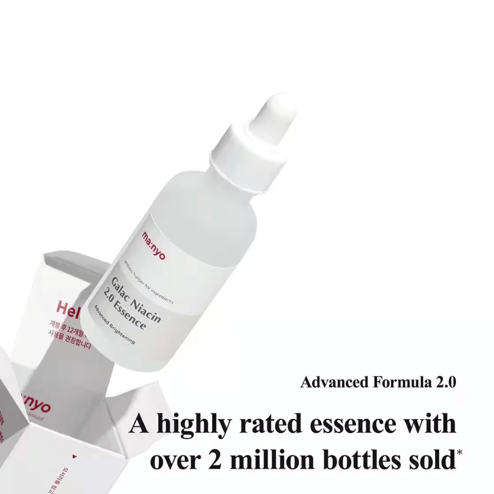 Ma:nyo Galac Niacin 2.0 Essence – uma essência coreana best-seller com mais de 2 milhões de frascos vendidos, enriquecida com galactomyces e niacinamida para um tom de pele mais claro.