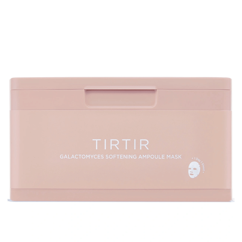 Recipiente rosa com o texto "TIRTIR MÁSCARA AMPOLA AMACIANTE DE GALACTOMYCES" e um pequeno ícone de um Sheet mask, projetado para armazenar várias máscaras faciais.