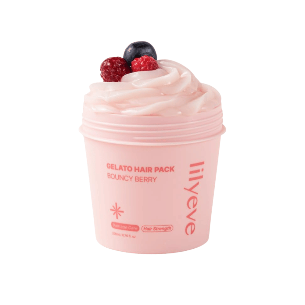 LILYEVE Gelato Hair Pack Bouncy Berry 200 ml – máscara proteica rosa para cabelo danificado com foco na força e suavidade.