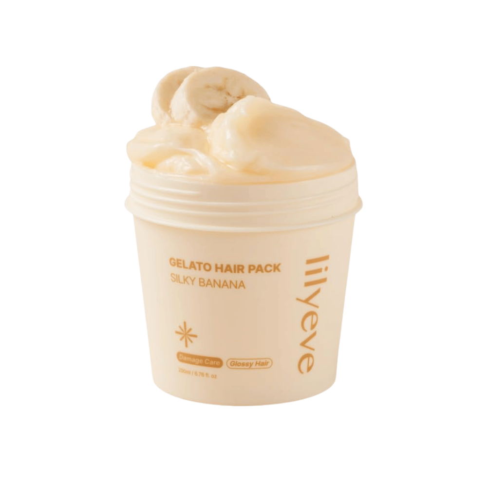 LILYEVE Gelato Hair Pack Silky Banana 200 ml – máscara capilar cremosa para cabelo danificado com foco na suavidade e brilho.