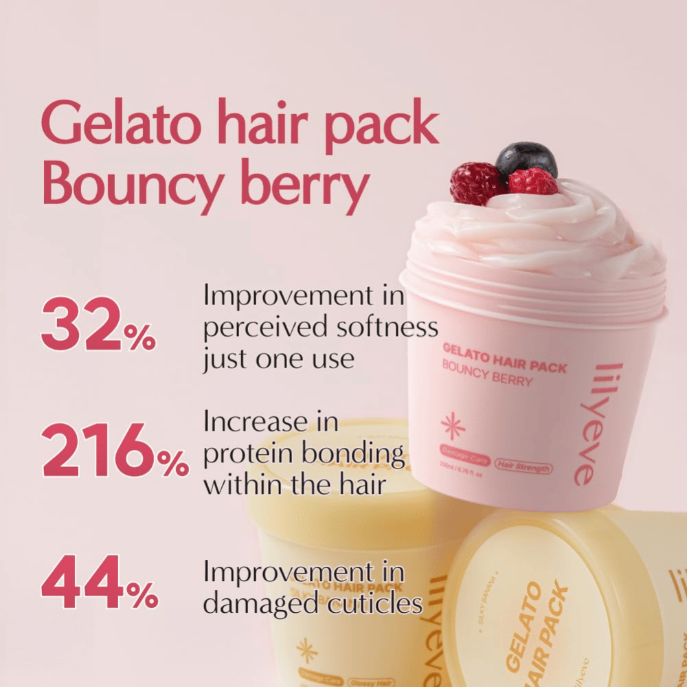LILYEVE Gelato Hair Pack Bouncy Berry – máscara proteica fortificante para cabelo mais macio e cuidado dos fios danificados.