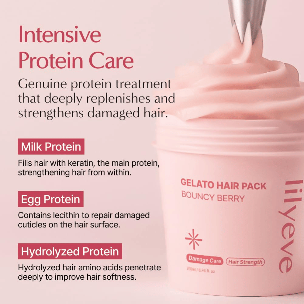 LILYEVE Gelato Hair Pack Bouncy Berry com proteína do leite, proteína de ovo e proteína hidrolisada para cuidado intensivo do cabelo danificado.