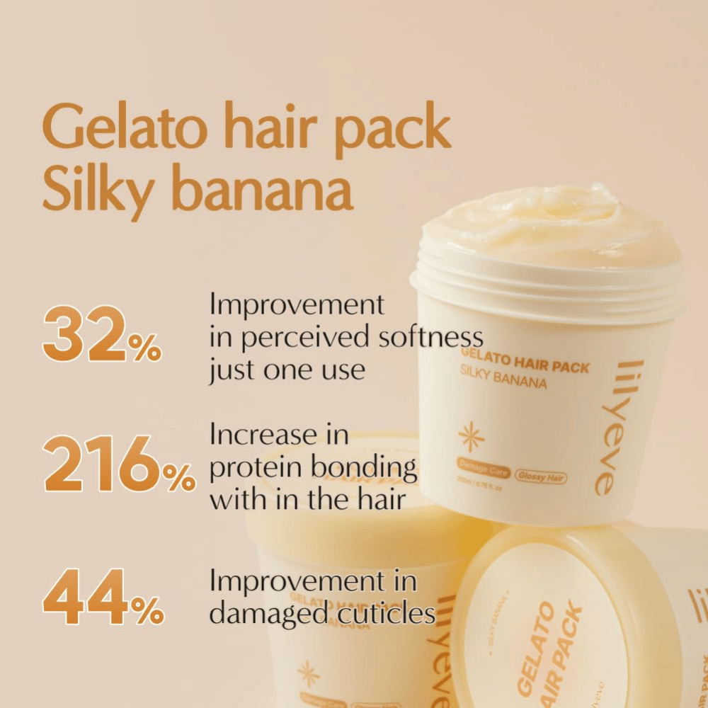LILYEVE Gelato Hair Pack Silky Banana – máscara capilar rica em proteínas para cabelo mais macio, brilho e cuidado dos fios danificados.
