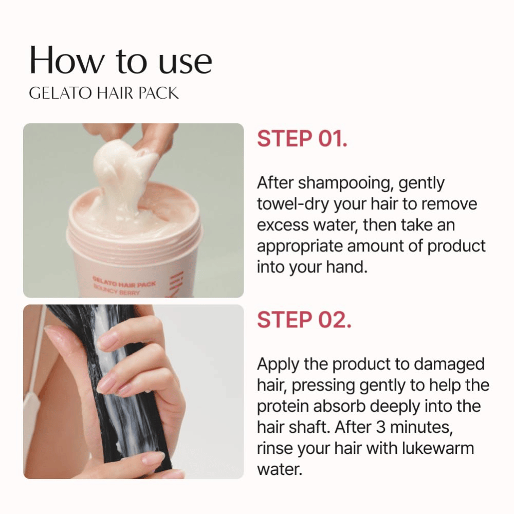 Como usar LILYEVE Gelato Hair Pack – aplique a máscara capilar no cabelo seco com toalha, deixe atuar durante 3 minutos e enxague.
