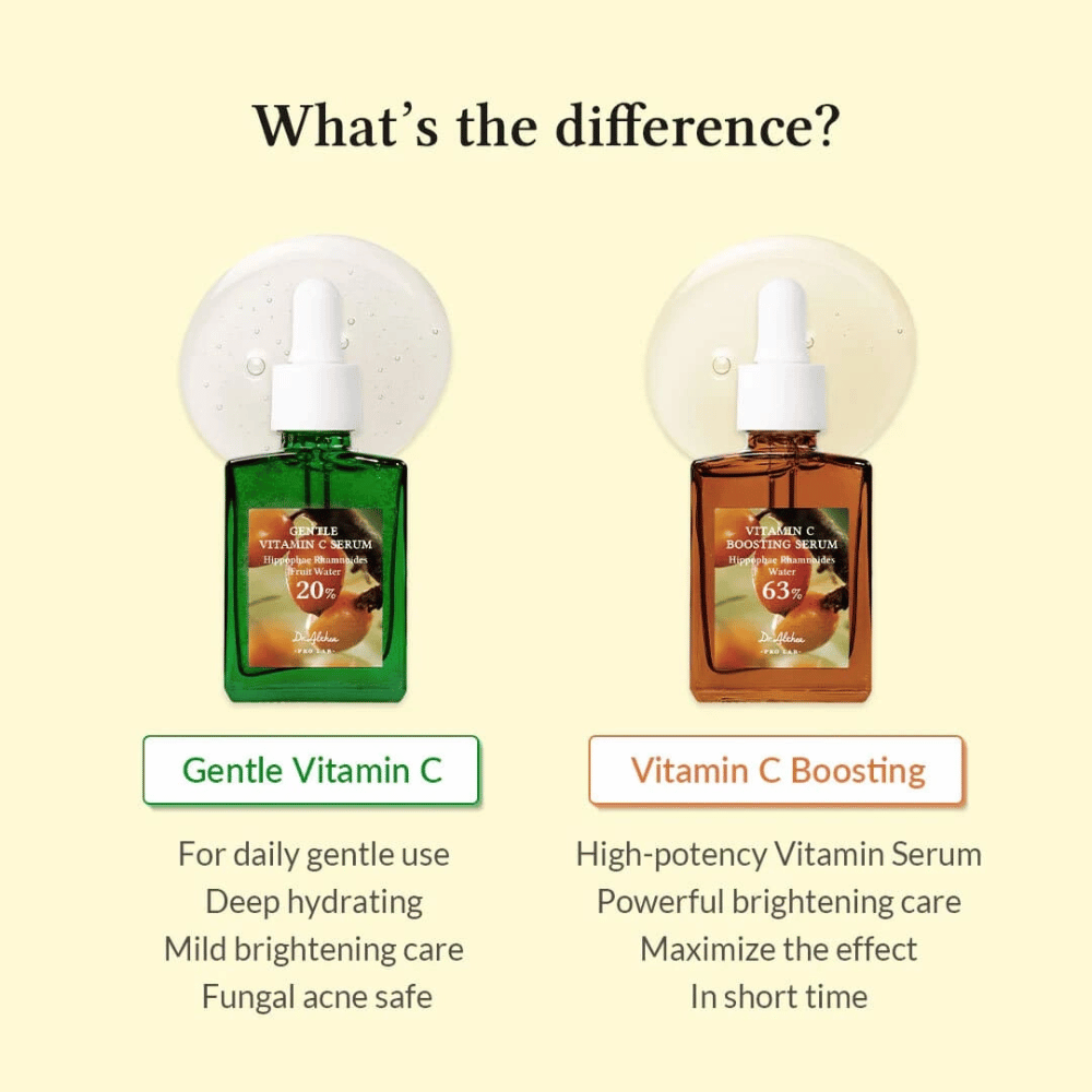 Gentle Vitamin C Serum é perfeito para uso diário, hidrata profundamente e proporciona um leve clareamento da pele. Seguro para pele com acne fúngica. Vitamin C Boosting Serum tem alta concentração para clareamento poderoso e resultados rápidos. Ideal para necessidades intensas da pele.