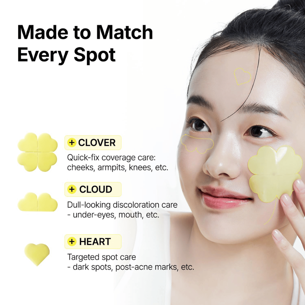 Ma:nyo Glutathione 7 Dark Spot Serum Patch com patches em forma de trevo, nuvem e coração para tratamento direcionado de diferentes áreas da pele