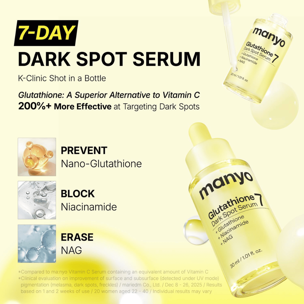 Ma:nyo Glutathione 7 Dark Spot Serum para tratamento intensivo de manchas de pigmentação com glutatião, niacinamida e NAG