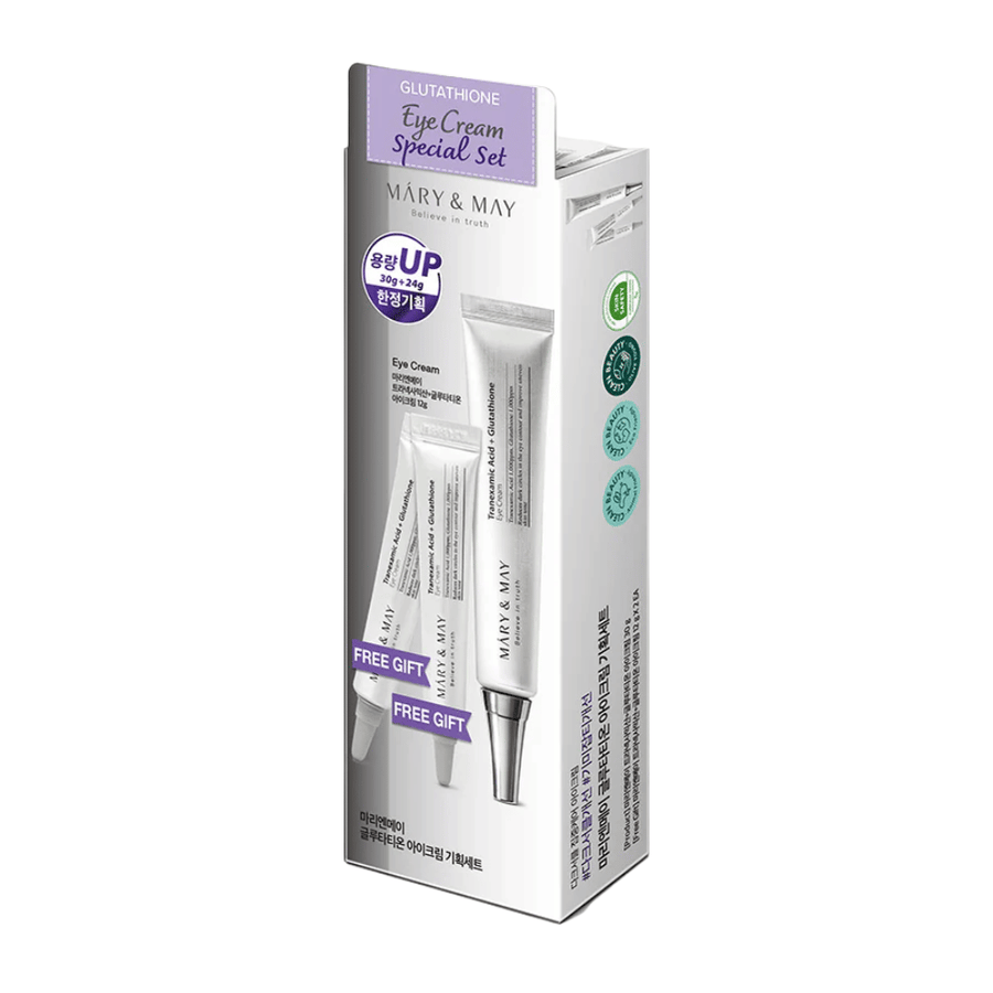 Mary&May Glutathione Eye Cream Special Set com produtos bônus, um popular conjunto K-beauty para iluminação intensa e cuidado da pele ao redor dos olhos.
