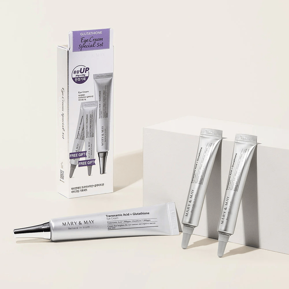 Mary&May Tranexamic Acid + Glutathione Eye Cream Conjunto Especial com embalagem original e tubos extras, um conjunto completo para cuidado iluminador e uniformizante dos olhos.