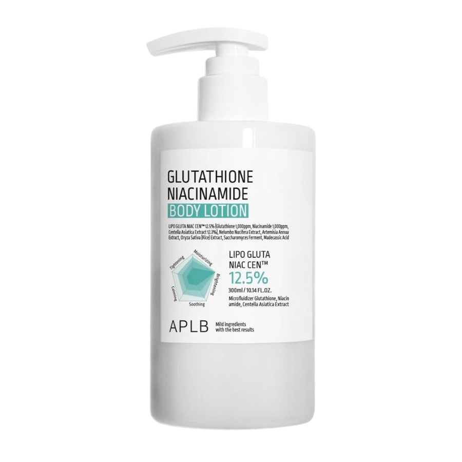 APLB Glutathione Niacinamide Body Lotion imagem do produto com frasco doseador e fórmula avançada para hidratação, luminosidade e melhoria da elasticidade da pele