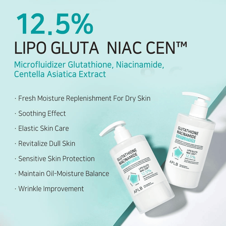 APLB Glutathione Niacinamide Body Lotion 12,5% Lipo Gluta Niac Cent com hidratação, equilíbrio da pele, efeito antienvelhecimento e proteção para pele sensível