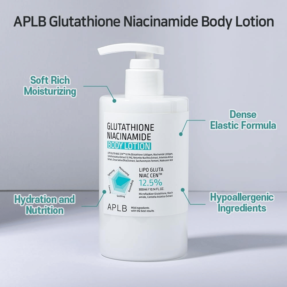 APLB Glutathione Niacinamide Body Lotion frasco doseador com fórmula hidratante, elástica e ingredientes hipoalergénicos para um cuidado da pele suave e nutritivo
