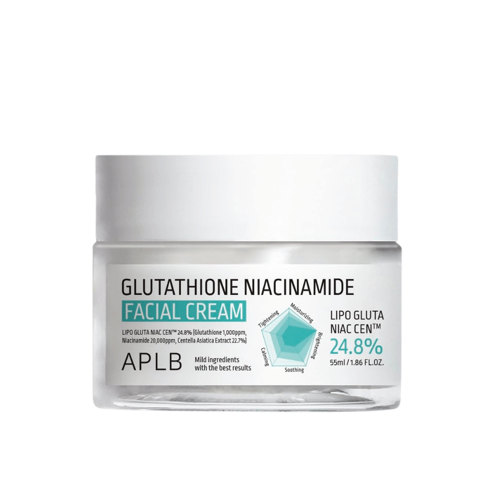 APLB Glutathione Niacinamide Facial Cream em boião com fórmula leve que hidrata, uniformiza o tom da pele e proporciona maior luminosidade