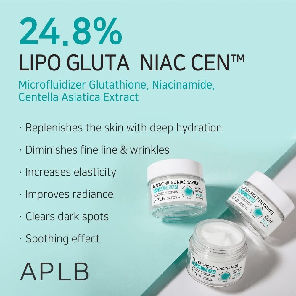 APLB Glutathione Niacinamide Facial Cream 24,8% Lipo Gluta Niac Cent com hidratação profunda, efeito antienvelhecimento e melhoria do tom da pele