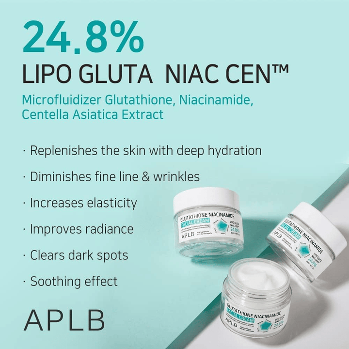 APLB Glutathione Niacinamide Facial Cream 24,8% Lipo Gluta Niac Cent com hidratação profunda, efeito antienvelhecimento e melhoria do tom da pele