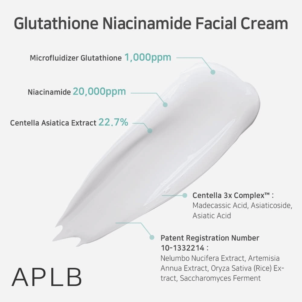 APLB Glutathione Niacinamide Facial Cream com 1000ppm de glutatião, 20000ppm de niacinamida e 22,7% de centella asiatica para hidratação e efeito calmante