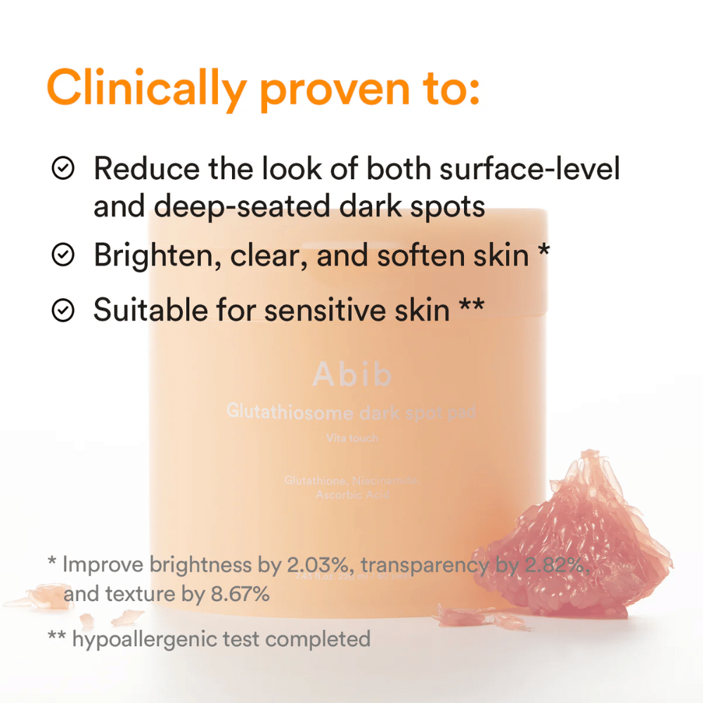 Abib Glutathiosome Dark Spot Pad Vita Touch com benefícios clinicamente testados para luminosidade e pigmentação.