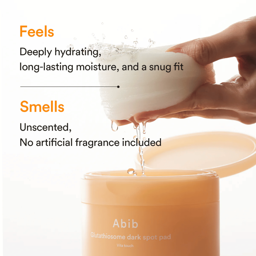 Toner pads hidratantes da Abib com fórmula sem perfume e efeito glow para pele sensível.