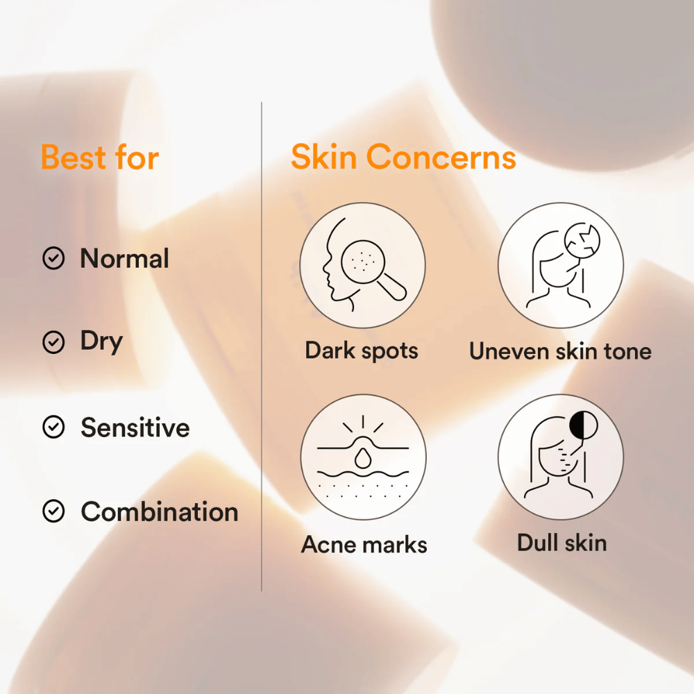 Abib Glutathiosome Dark Spot Pad Vita Touch mostra tipos de pele e problemas de pele como manchas escuras e tom de pele irregular.