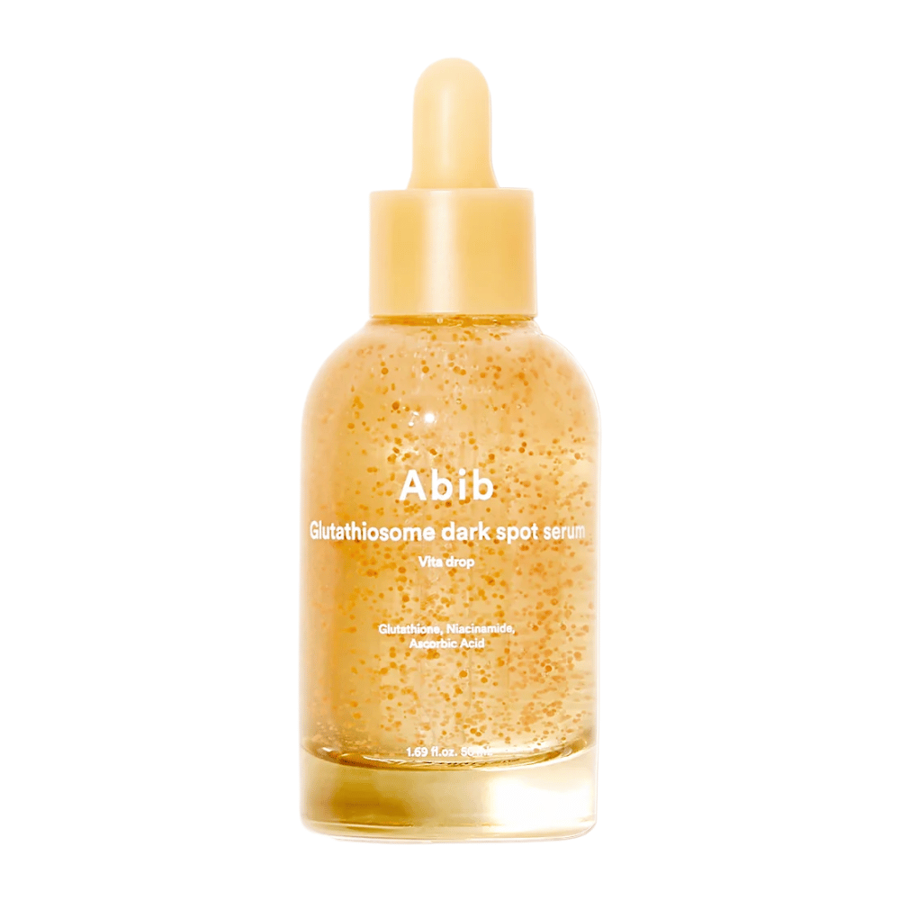 Imagem do produto de Abib Glutathiosome Dark Spot Serum Vita Drop em um frasco de vidro transparente com conta-gotas amarelo e microcápsulas visíveis no sérum.