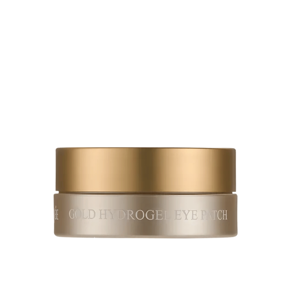 Imagem de produto recortada de PETITFEE Gold Hydrogel Eye Patch em elegante boião dourado sobre fundo claro. O design transmite uma impressão exclusiva e luxuosa.