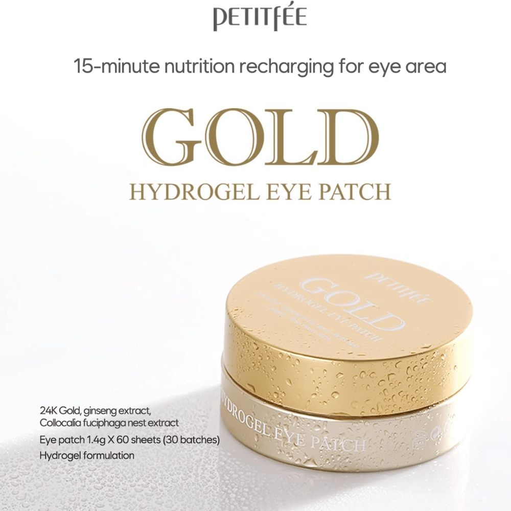 Imagem de produto elegante de PETITFEE Gold Hydrogel Eye Patch com embalagem dourada sobre fundo claro. O texto destaca ingredientes como ouro 24K, ginseng e fórmula em hidrogel para hidratação e luminosidade.
