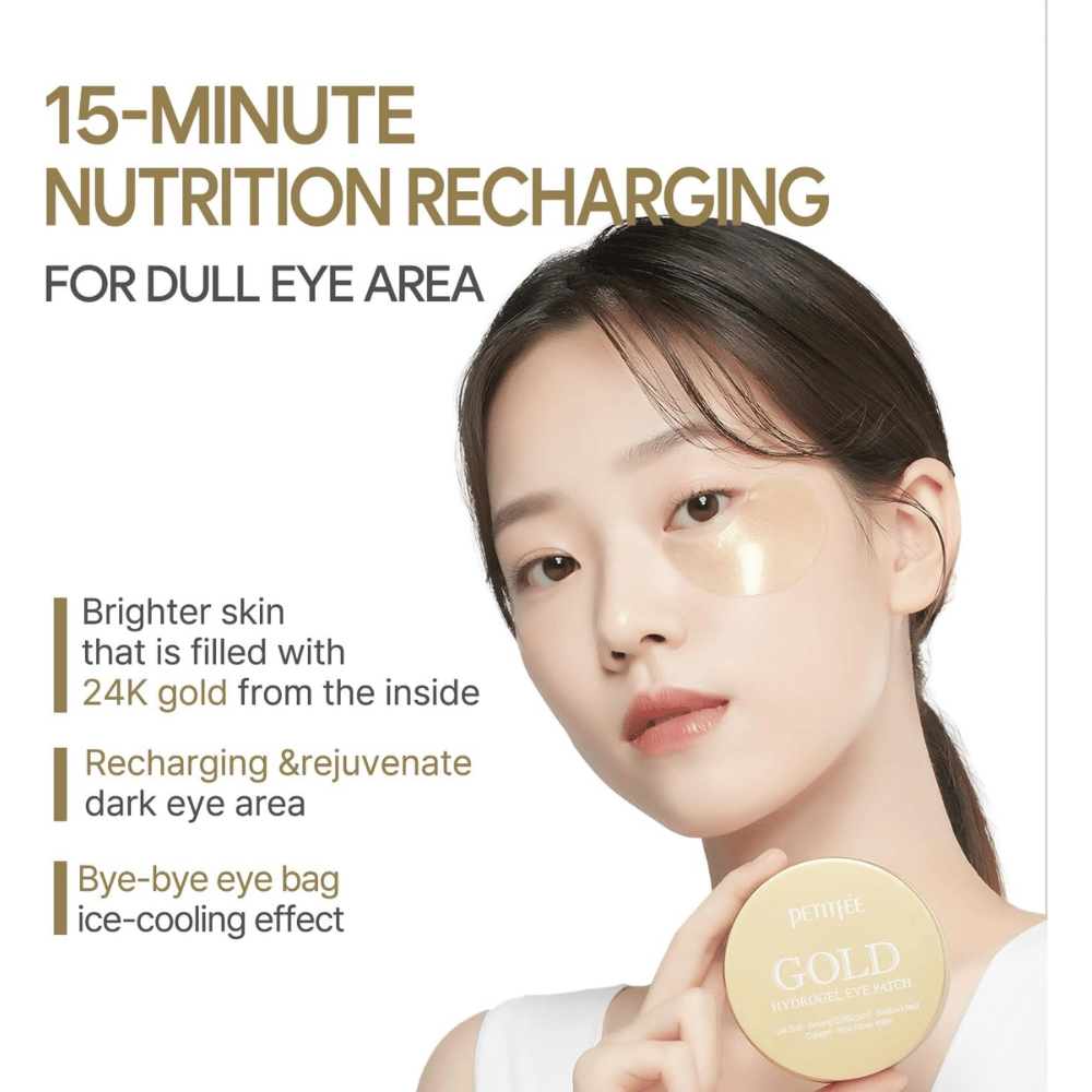 Imagem promocional com modelo a usar PETITFEE Gold Hydrogel Eye Patch sob o olho. O foco está em dar luminosidade, revitalizar a pele cansada e reduzir a visibilidade das olheiras e do inchaço.