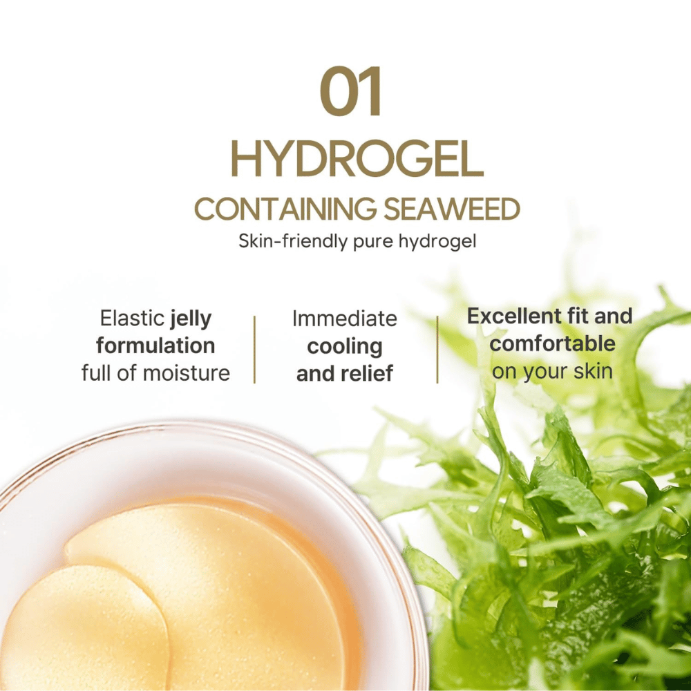 Imagem de produto que destaca a fórmula em hidrogel com algas marinhas e as suas propriedades hidratantes, refrescantes e suaves para a pele. A imagem mostra também os eye patches à base de gel na embalagem.