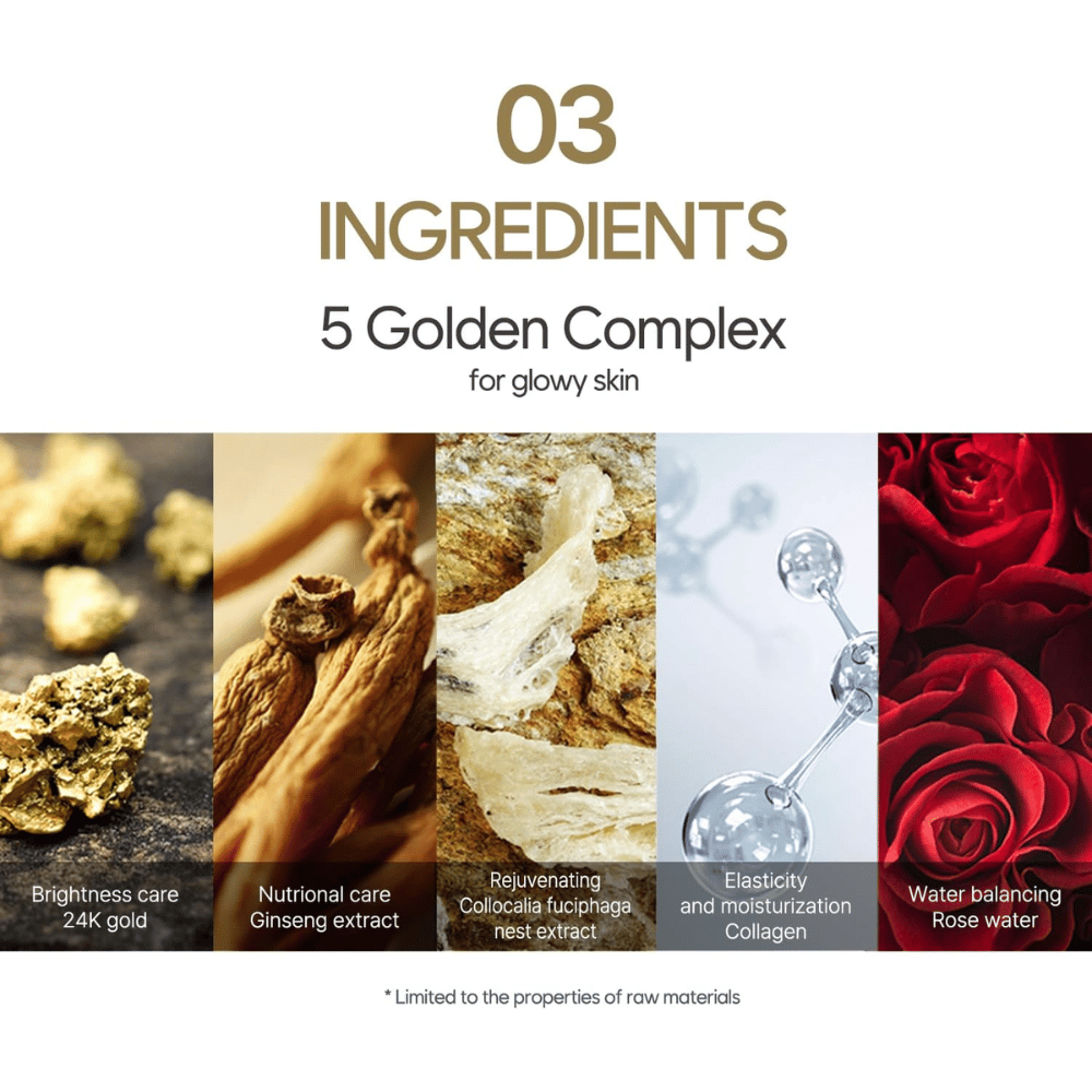 Imagem informativa sobre o “5 Golden Complex” com ingredientes como ouro 24K, extrato de ginseng, extrato de ninho de pássaro, colagénio e água de rosas. O foco está na luminosidade, elasticidade e hidratação.