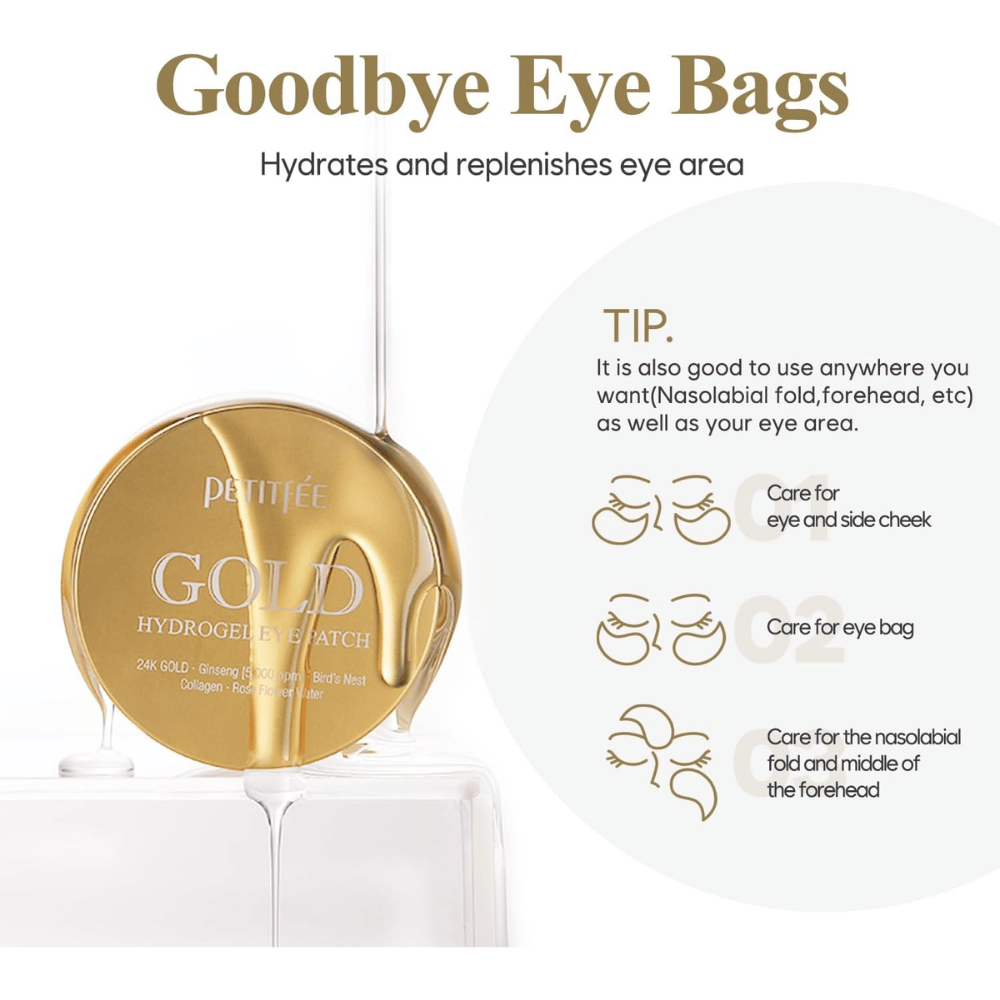 Imagem de produto de PETITFEE Gold Hydrogel Eye Patch com foco em hidratar e cuidar da zona sob os olhos. A imagem mostra também diferentes áreas de aplicação, como bolsas sob os olhos, zona das bochechas e linhas nasolabiais.