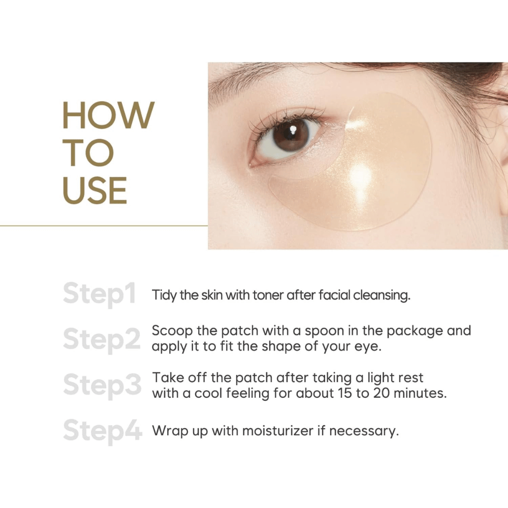 Imagem de instruções que mostra como aplicar os eye patches em hidrogel sob os olhos após a limpeza e o tónico. O guia passo a passo descreve a utilização e o tempo de atuação recomendado para uma pele hidratada e fresca.