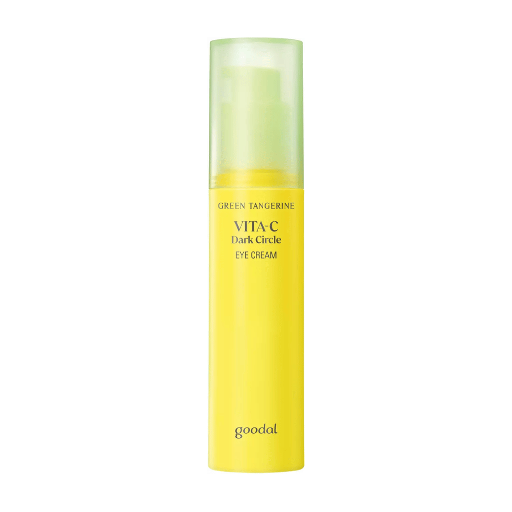 Uma garrafa Goodal Green Tangerine Vita C Dark Circle Eye Cream 30ml em fundo branco com vitamina C.