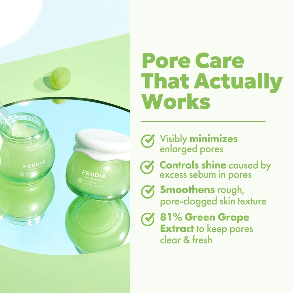 FRUDIA Green Grape Pore Control Cream que visivelmente reduz poros, controla o brilho e uniformiza a textura da pele com 81% de extrato de uva verde.