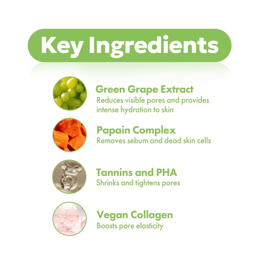 Ingredientes-chave em FRUDIA Green Grape Pore Control Cream com extrato de uva verde, papaína, PHA, taninos e colágeno vegano para uma pele mais clara e suave.