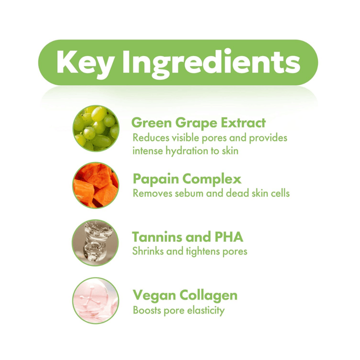 Ingredientes-chave em FRUDIA Green Grape Pore Control Cream com extrato de uva verde, papaína, PHA, taninos e colágeno vegano para uma pele mais clara e suave.