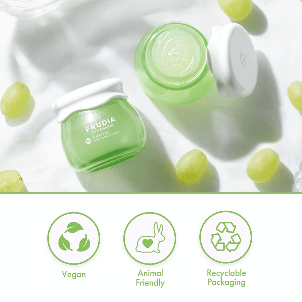 FRUDIA Green Grape Pore Control Cream com extrato de uva verde, creme facial vegano que minimiza poros, equilibra o sebo e oferece embalagem reciclável.