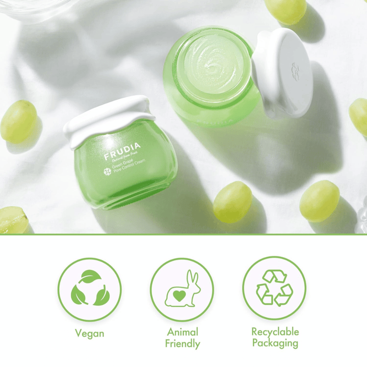 FRUDIA Green Grape Pore Control Cream com extrato de uva verde, creme facial vegano que minimiza poros, equilibra o sebo e oferece embalagem reciclável.