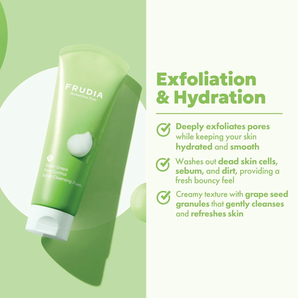 FRUDIA Green Grape Pore Control Scrub Cleansing Foam – esfoliante limpeza facial com granulados de sementes de uva que removem sujeira, sebo e células mortas da pele sem ressecar a pele.