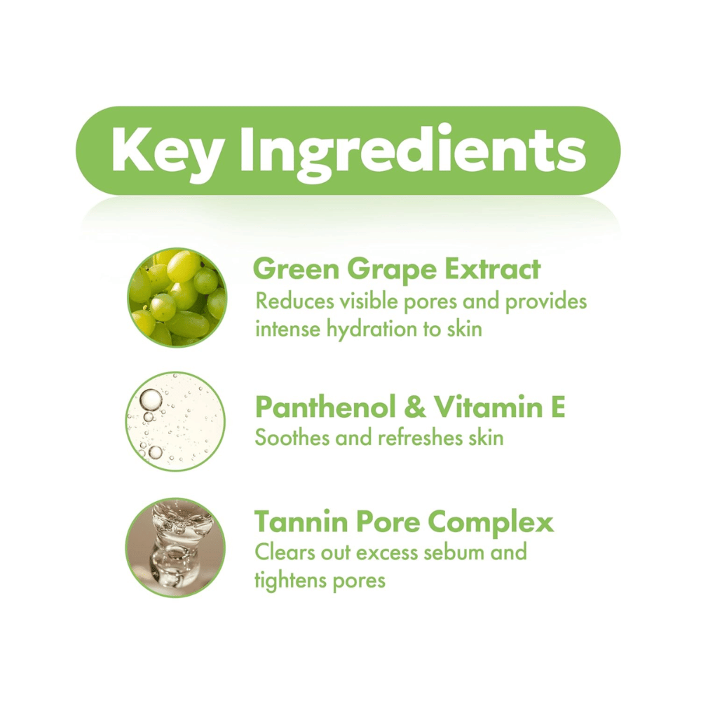 FRUDIA Green Grape Pore Control Scrub Cleansing Foam – ingredientes chave como extrato de uva verde, pantenol, vitamina E e complexo de poros de tanino para poros limpos e refinados.