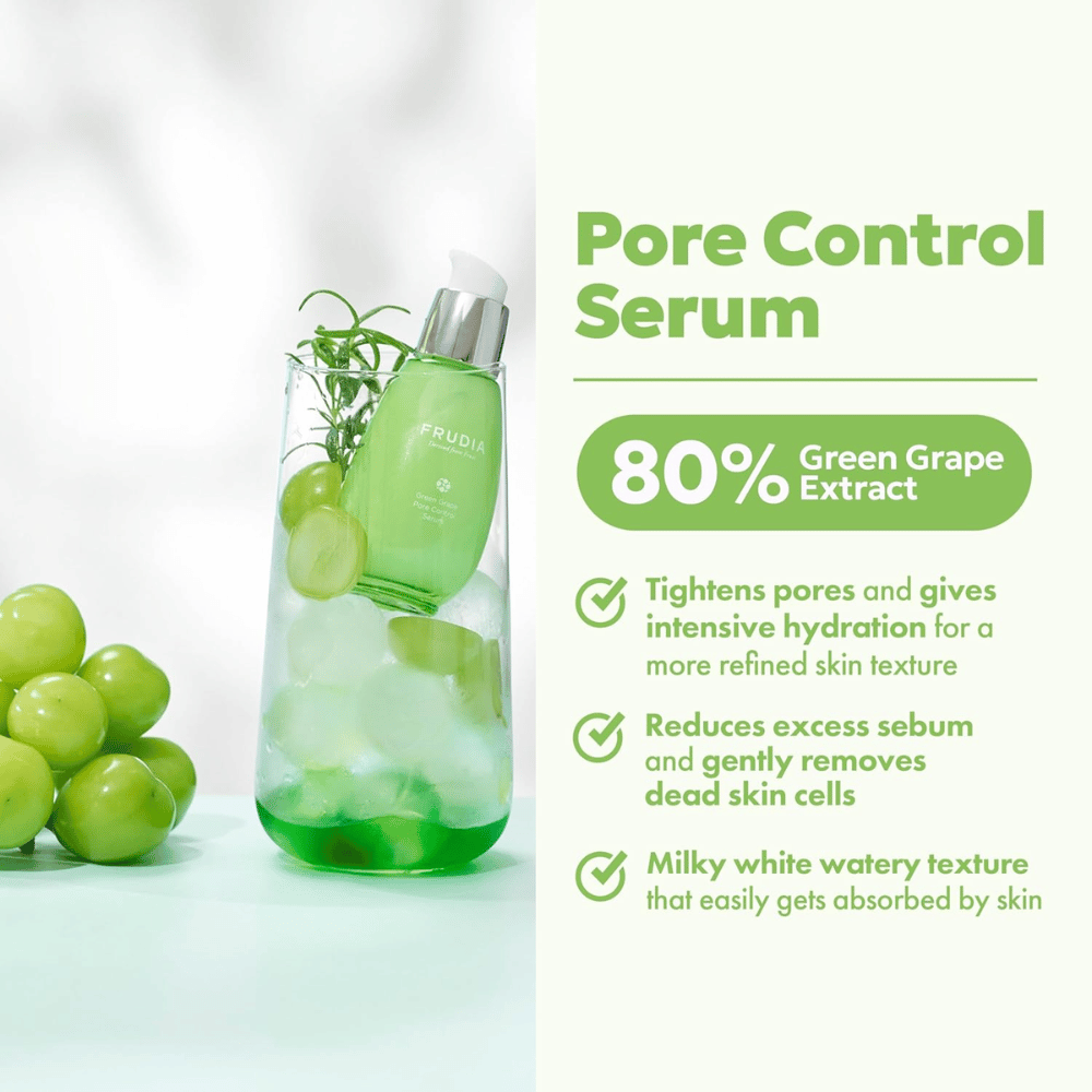 Frudia Green Grape Pore Control Serum que aperta os poros, reduz o excesso de sebo e é rapidamente absorvido com textura leve e leitosa para uma pele fresca e equilibrada.