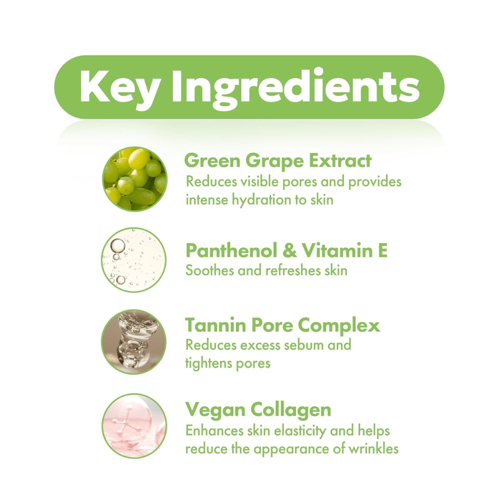 Ingredientes principais em Frudia Green Grape Pore Control: extrato de uva verde para poros, pantenol e vitamina E para efeito calmante, complexo de tanino para poros e colágeno vegano.