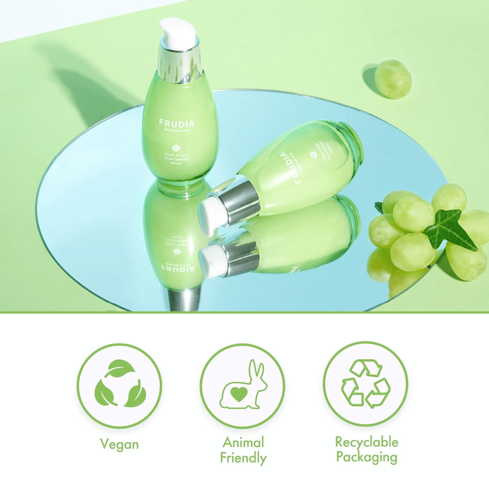 Frudia Green Grape Pore Control Serum com uvas verdes, fórmula vegana, cruelty-free e embalagem reciclável – cuidados com a pele coreanos para redução de poros e pele equilibrada.