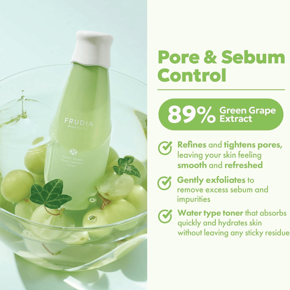 Frudia Green Grape Pore Control Toner com 89% de extrato de uva verde que refina os poros, reduz o excesso de sebo e hidrata a pele com um toner leve e de rápida absorção sem sensação pegajosa.